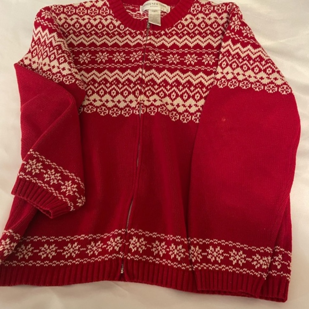 Jones New York Women’s Small Red White Snowflake Zip cardigan Linen Cotten blend